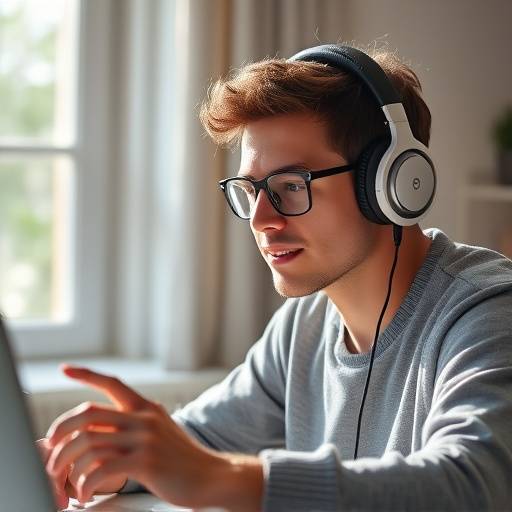 Person with headphones learning online